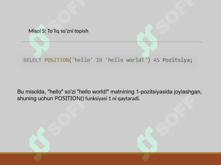 POSITION() funksiyalaridan foydalanib, pastki qatorni topish. joriy sessiya. CASE ifodasi yordamida shartli qiymatlarni ifodalash. TCL bo‘limi buyruqlari 7