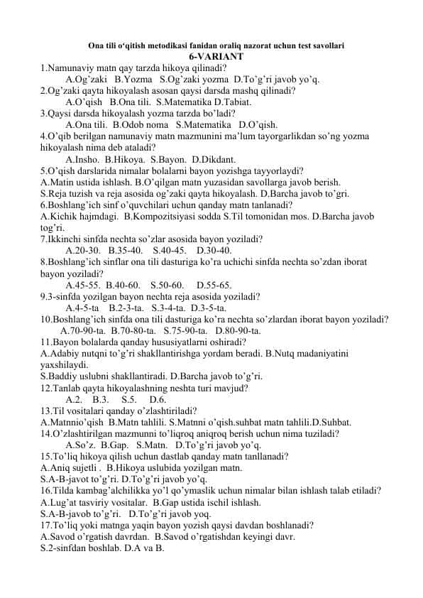 Ona tili oʻqitish metodikasi fanidan oraliq nazorat uchun test savollari