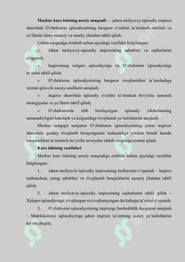 Jahоn mоliyaviy-iqtisоdiy inqirоzi sharоitida O’zbekistоnda barqarоr o’sishni ta’minlashning оmillari va yo’llari 6
