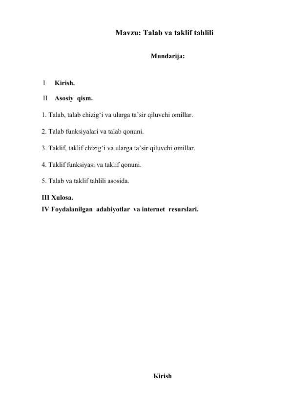 Talab va taklif tahlili Kurs ishi