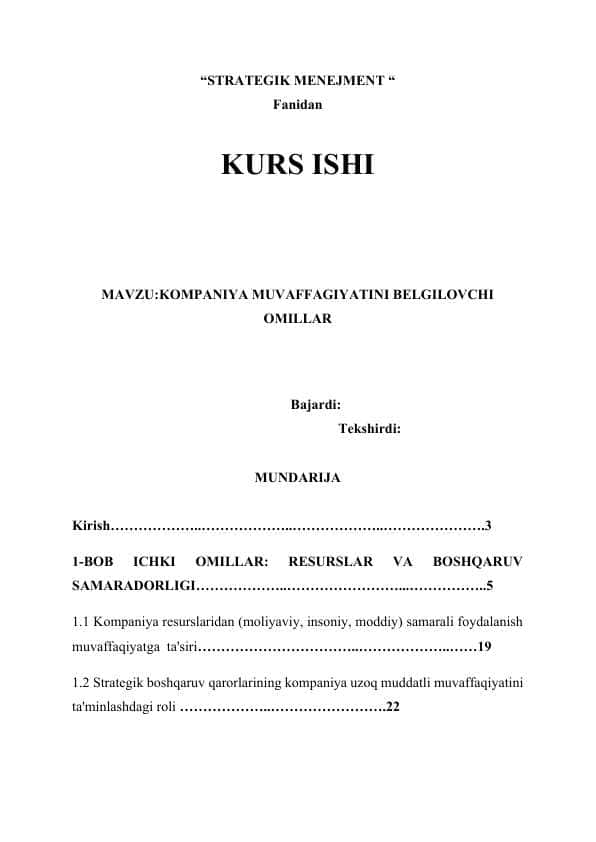 KOMPANIYA MUVAFFAGIYATINI BELGILOVCHI OMILLAR