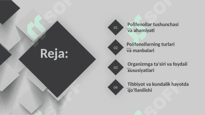 Polifenollar Polifenollar tushunchasi  va ahamiyati   Polifenollarning turlari  va manbalari   Polifenollarning turlari  va manbalari   Tibbiyot va kundalik hayotda  qo‘llanilishi 2