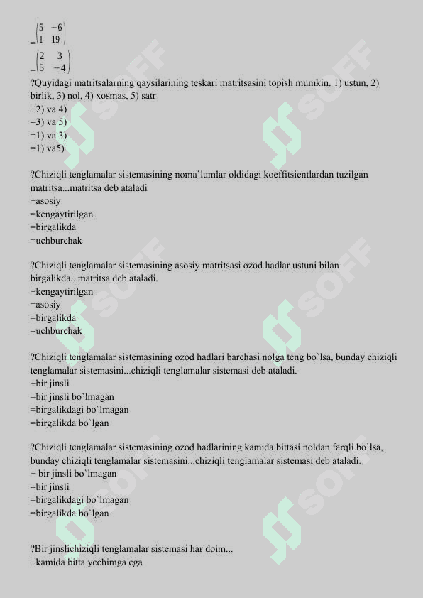 1 kurs Matematika testlar javobi bilan 5