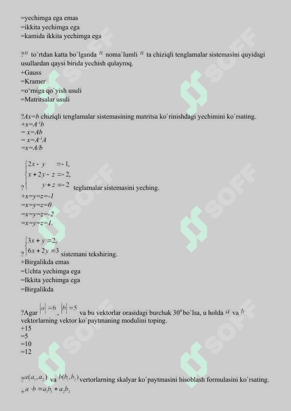 1 kurs Matematika testlar javobi bilan 6