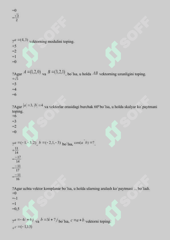 1 kurs Matematika testlar javobi bilan 8