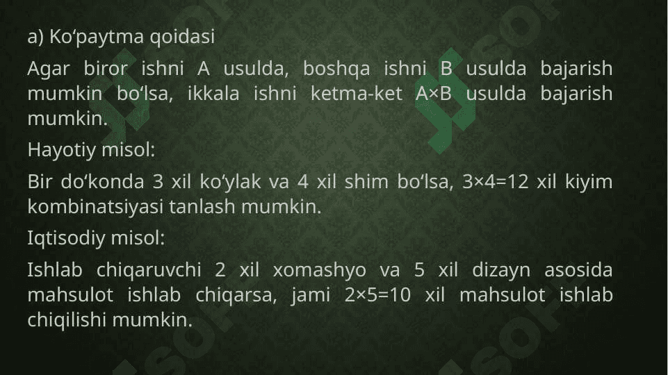 Kombinatorikaning asosiy qoidalari, formulalari va iqtisodiyot bilan bogʻliqligi 5
