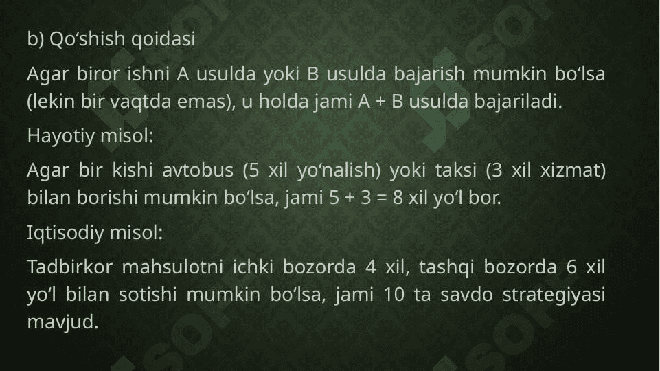 Kombinatorikaning asosiy qoidalari, formulalari va iqtisodiyot bilan bogʻliqligi 7