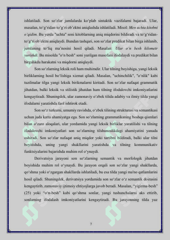 Hozirgi o‘zbek adabiy tilida son so'z turkumi 7
