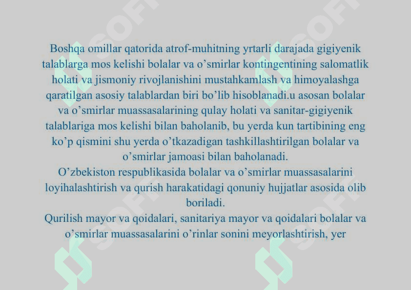BOLALAR MUASSASALARINI LOYIHALASHTIRISH QURISH VA JIHOZLASHGA BO’LGAN GIGIYENIK TALABLAR 2