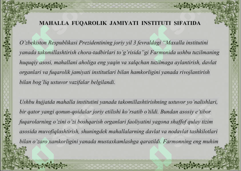 Davlatimizda oila va mahalla institutlarini yanada mustahkamlash borasida amalga oshirilgan ishlar 2