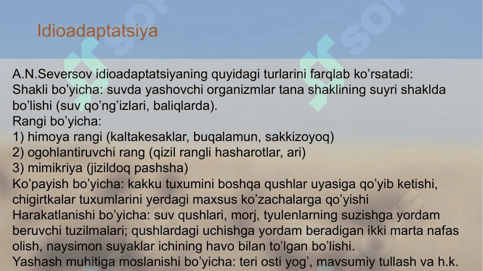 Umurtqali hayvonlar misolida aromorfoz, idioadaptatsiyalarni o'rganish 8