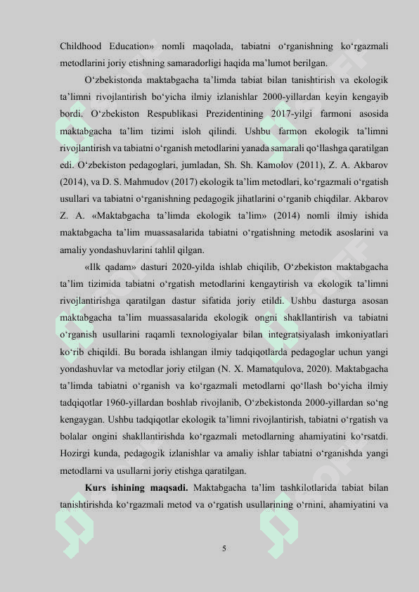 Maktabgacha ta’lim tashkilotlarida tabiat bilan tanishtirish orqali ko‘rgazmali metod va o‘rgatish usullaridan foydalanish 5