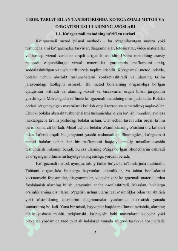 Maktabgacha ta’lim tashkilotlarida tabiat bilan tanishtirish orqali ko‘rgazmali metod va o‘rgatish usullaridan foydalanish 7