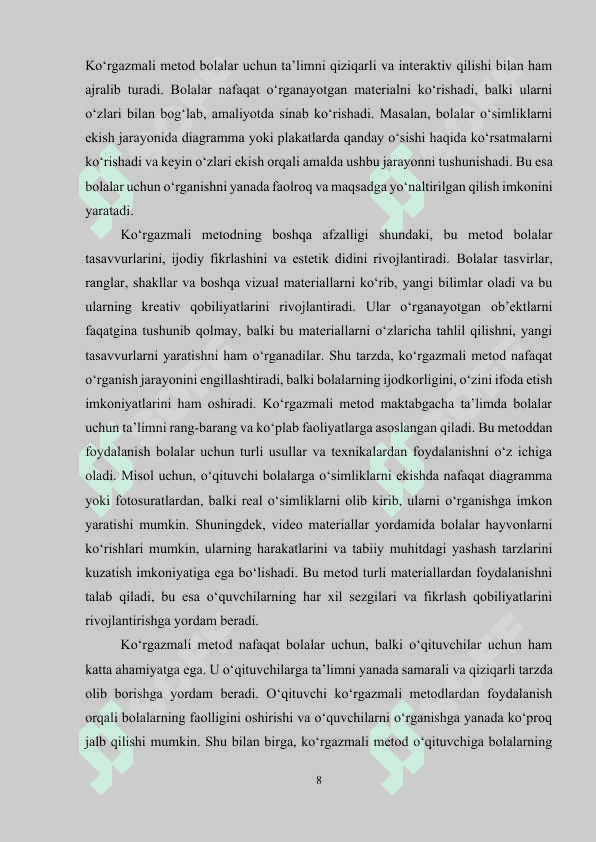 Maktabgacha ta’lim tashkilotlarida tabiat bilan tanishtirish orqali ko‘rgazmali metod va o‘rgatish usullaridan foydalanish 8
