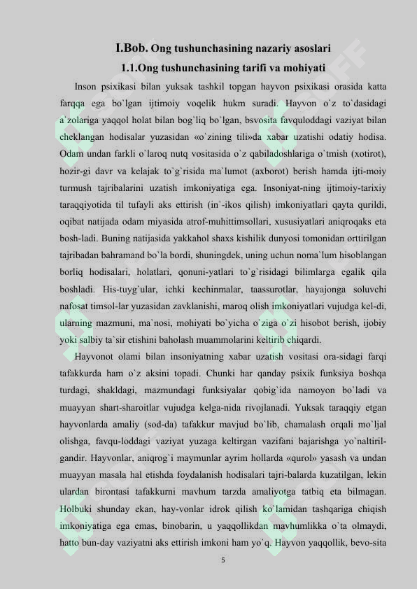 ONGNING TARIFI VA HAQIDAGI PSIXOLOGIK TASAVVURLAR kurs ishi 5
