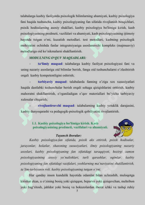 KASBIY FAOLIYAT PSIXOLOGIYASI MAVZUSI KURS ISHI 5