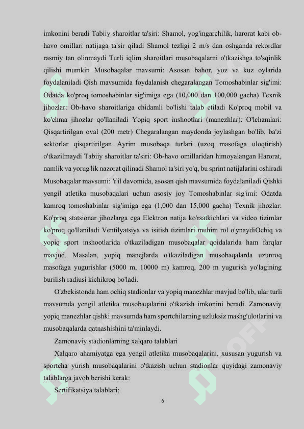 Yengil atletikada yugurish va sportcha yurish musobaqa o'tkazish joyi va jihozlari 6