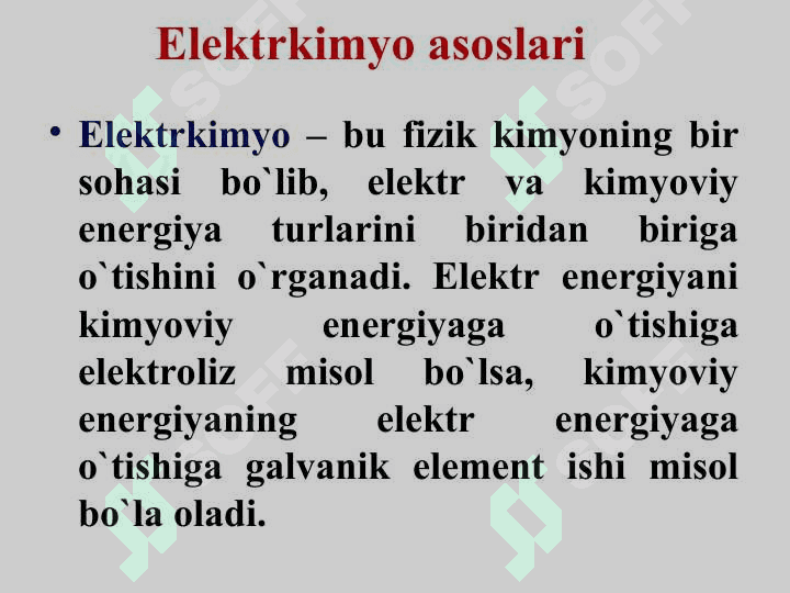 Elektrkimyo asoslari. Eiektrolit eritmalarining eiektro o,tkazuvchanligi. Potenciallarni xosil bolish  mexanizmlari 5