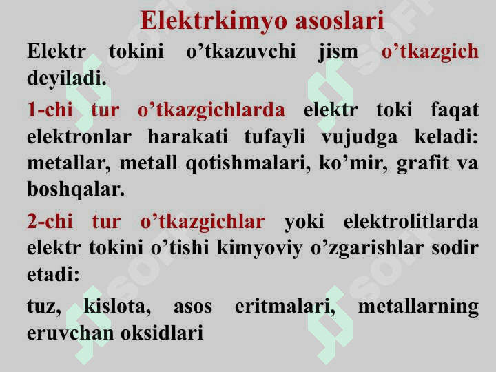 Elektrkimyo asoslari. Eiektrolit eritmalarining eiektro o,tkazuvchanligi. Potenciallarni xosil bolish  mexanizmlari 6