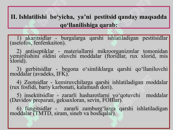 FOB, XOB, KARBAMIN KISLOTA HOSILALARI VA SINTETIK  PIRETROIDLAR. ULARNI OB’EKTLARDAN AJRATIB OLISH VA TAHLIL USULLARI 4
