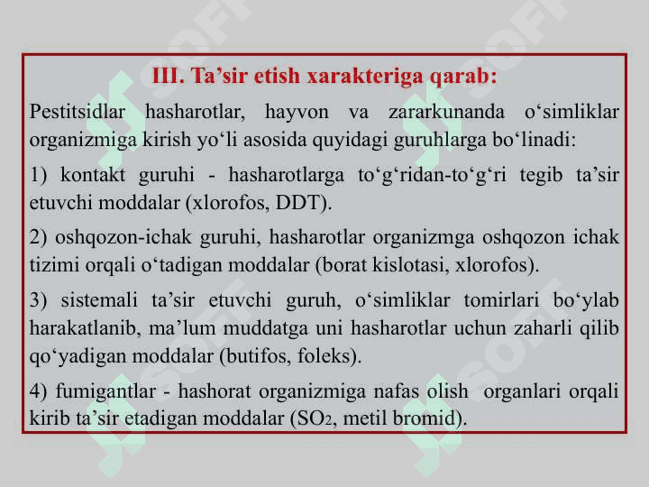 FOB, XOB, KARBAMIN KISLOTA HOSILALARI VA SINTETIK  PIRETROIDLAR. ULARNI OB’EKTLARDAN AJRATIB OLISH VA TAHLIL USULLARI 5