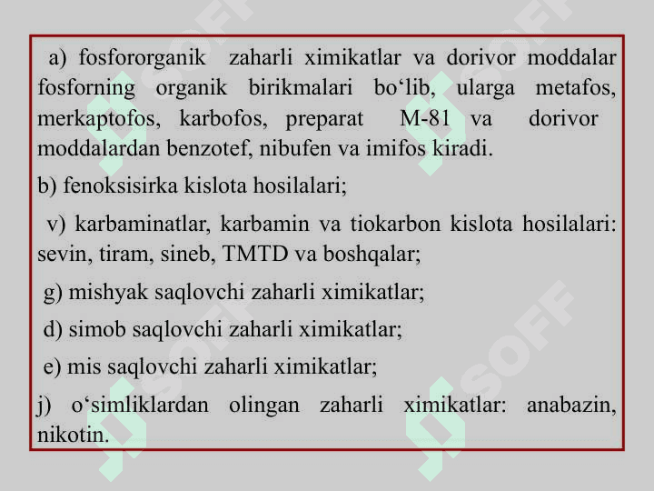 FOB, XOB, KARBAMIN KISLOTA HOSILALARI VA SINTETIK  PIRETROIDLAR. ULARNI OB’EKTLARDAN AJRATIB OLISH VA TAHLIL USULLARI 7