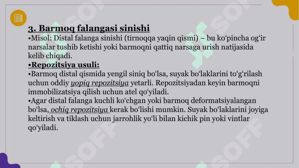 Oyoq va qoʻl suyaklari  repozitsiyasi. Gips tayyorlash texnikadi 6