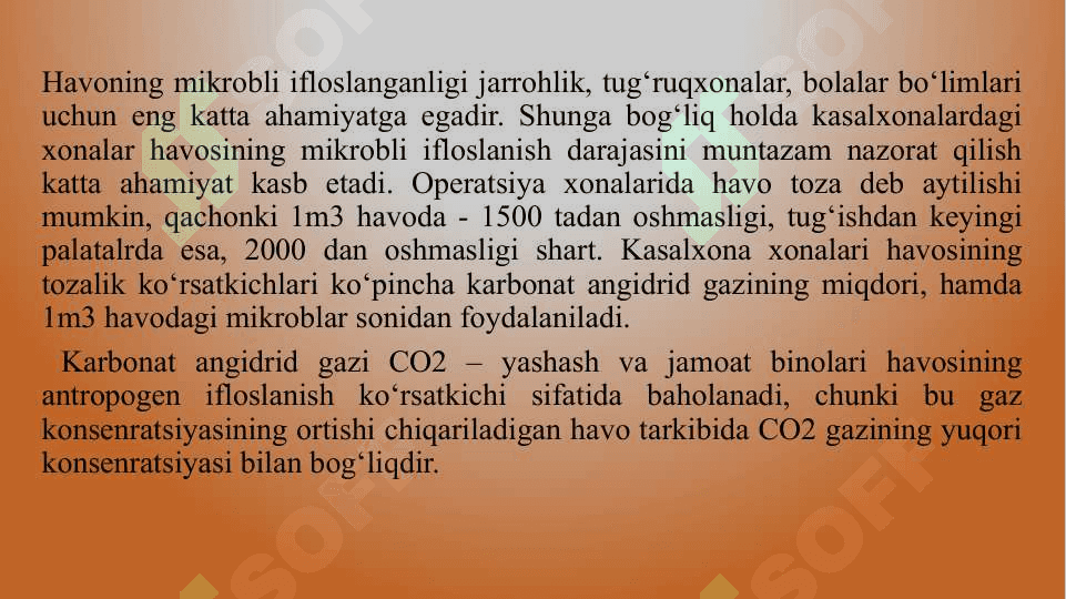 Kasalxona infeksiyalarining kelib chiqishi uchun havoning bacterial ifloslanganligining ahamiyati. Xonalar havosining tozaligini tezkor usulda tekshirib baholash asoslari 4