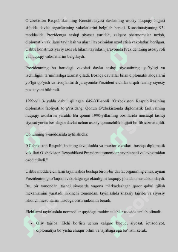 O‘zbekistonda favqulodda va muxtor elchilarni tayinlash tartibi 6