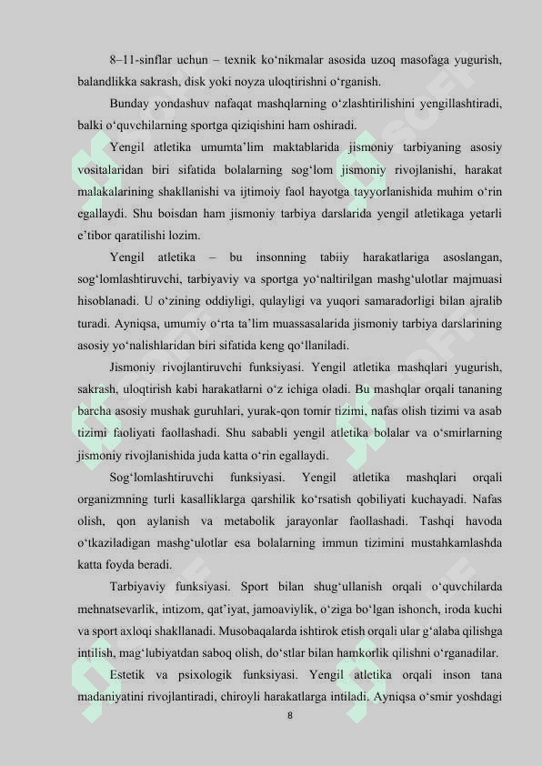 "Umumta’lim maktablarida jismoniy tarbiya darslarining samarali tashkil etishda yengil atletikaning o‘rni (Diplom ishi)" 8