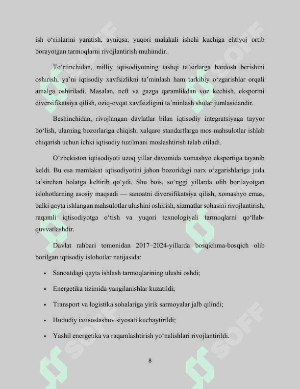 Tarkibiy o‘zgarishlarni izchil amalga oshirishda qulay investitsiya muhitining yaratilishi 8