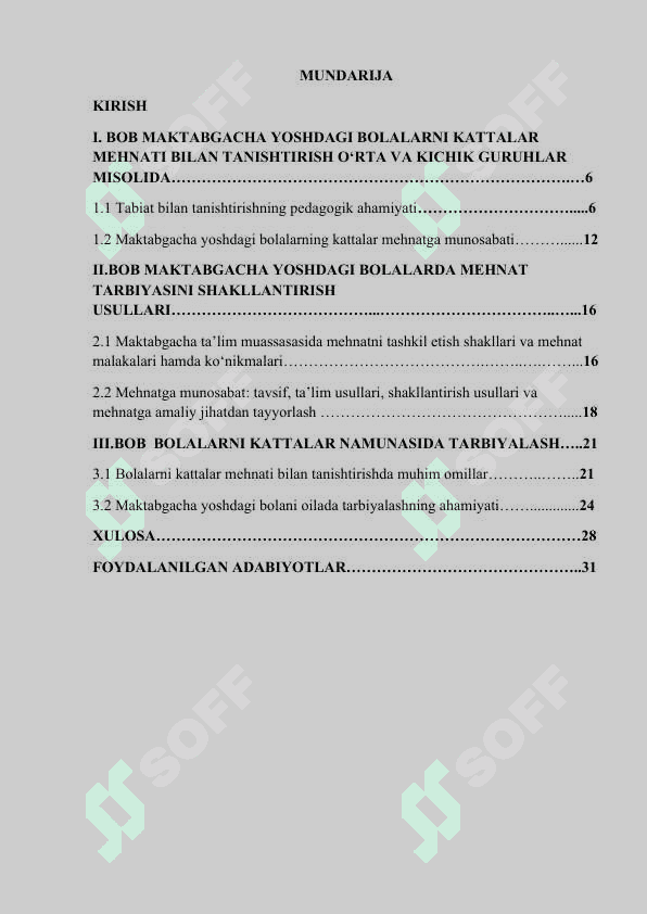 O‘rta va kichik guruh bolalarini tabiatda kattalar mehnat orqali ularni mehntga o‘rgatish (tabiat burchagida, yer maydonchalarida tabiat burchagida navbatchilikka rahbarlik qilish) 2