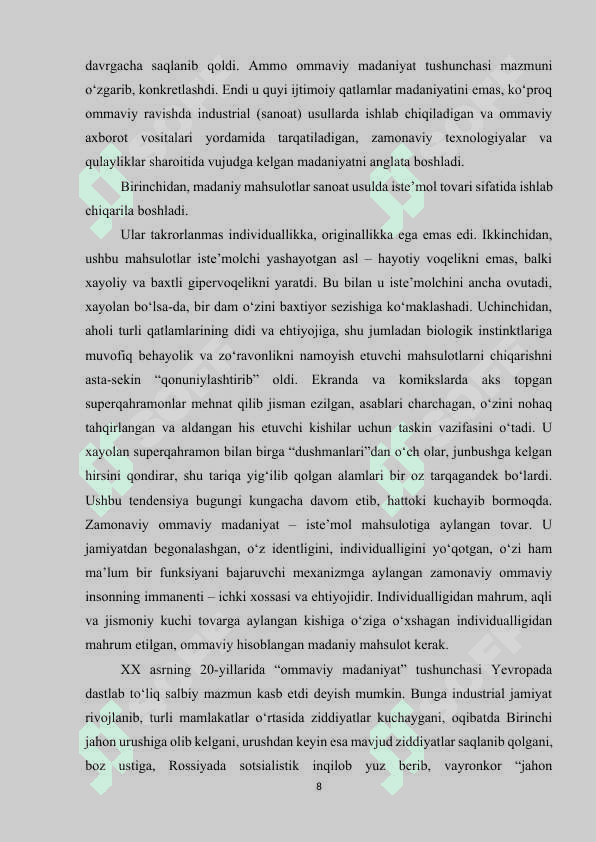 BUGUNGI KUNDA OMMAVIY MADANIYATNING GLOBALLASHUV TENDENSIYASI VA HOZIRGI ZAMON SHAROITIDAGI BIR QATOT IJTIMOIY VAZIFALARI, FUNKSIYALARI..docx 7