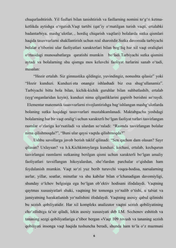 KATTA MAKTABGACHA YOSHDAGI BOLALARDA VAQTNI HIS QILISHNI RIVOJLANTIRISH. MASHG‘ULOTNI TASHKIL QILISH TEXNOLOGIYASI..docx 6