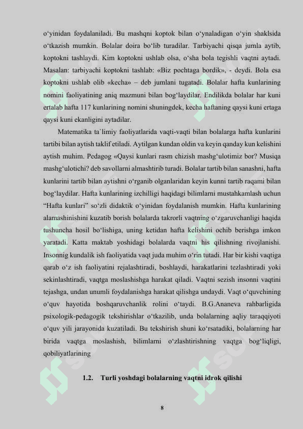 KATTA MAKTABGACHA YOSHDAGI BOLALARDA VAQTNI HIS QILISHNI RIVOJLANTIRISH. MASHG‘ULOTNI TASHKIL QILISH TEXNOLOGIYASI..docx 8