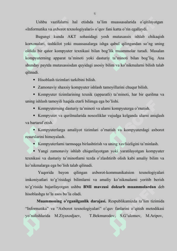 Kompyuter tizimlari va ularga xizmat ko’rsatuvchi dasturiy vositalardan foydalanishni tashkil qilish 6