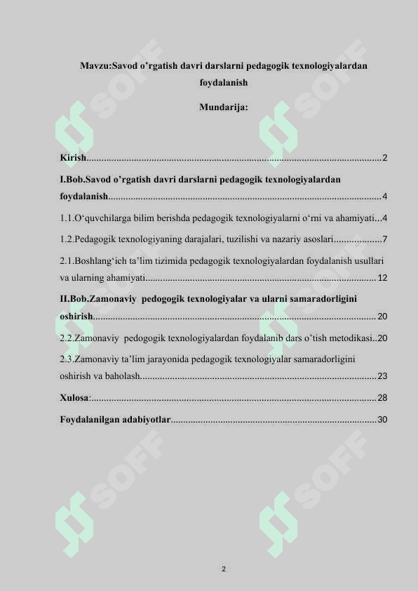 Savod o’rgatish davri darslarni pedagogik texnologiyalardan foydalanish 2