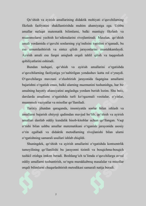 QO’SHISH VA AYIRISH AMALI MA’NOSINI OCHIB BERISH HAMDA UNI BOSQICHMA BOSQICH KONTSENTRLARDA O’RINLANISHINI O’RGATISH 7