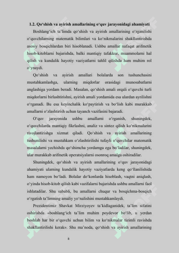 QO’SHISH VA AYIRISH AMALI MA’NOSINI OCHIB BERISH HAMDA UNI BOSQICHMA BOSQICH KONTSENTRLARDA O’RINLANISHINI O’RGATISH 8