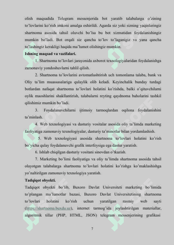 TELEGRAM IJTIMOIY TARMOG’IDA BOT YARATISH TEXNOLOGIYASI.TO’LOV SHARTNOMA HOLATINI KO’RISH MISOLIDA 7