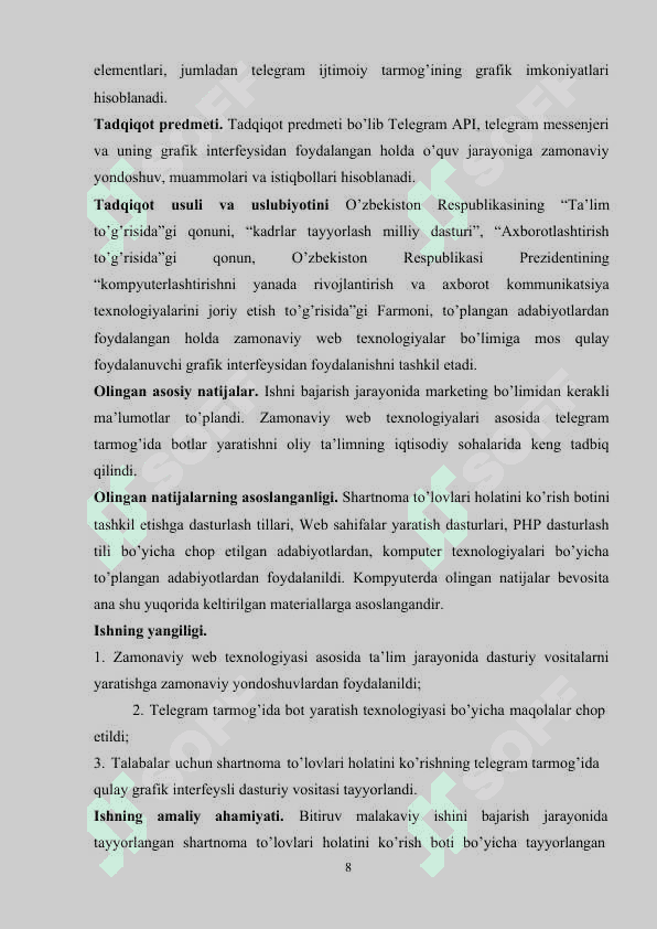 TELEGRAM IJTIMOIY TARMOG’IDA BOT YARATISH TEXNOLOGIYASI.TO’LOV SHARTNOMA HOLATINI KO’RISH MISOLIDA 8