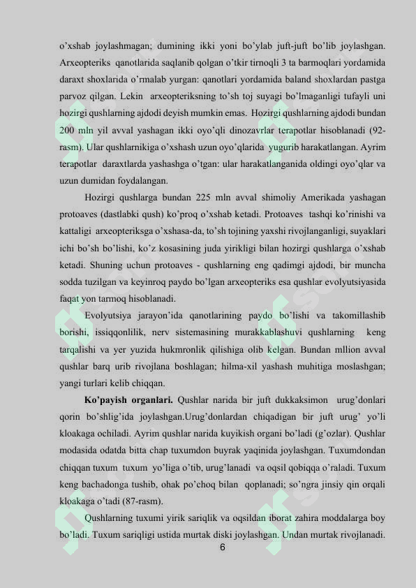 QUSHLARNING KЕLIB CHIQISHI VA TARIXI. QUSHLARNING SISTEMATIKASI VA XILMA-XILLIGI 5