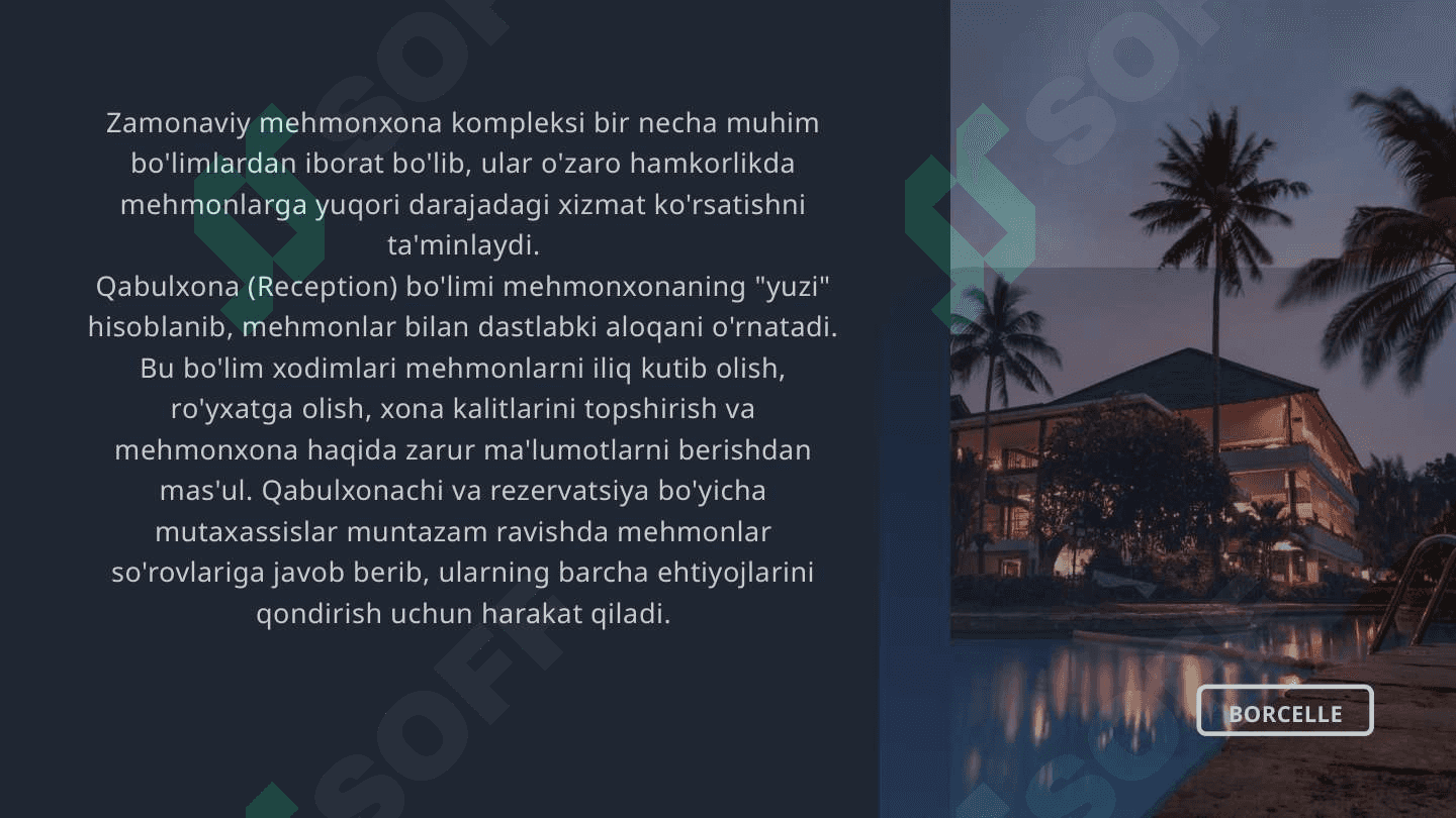 Mehmonxona bo'limlari, xodimlar va ularning vazifalari 2