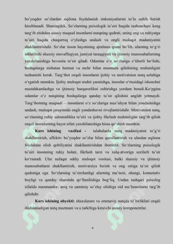 NUTQ MAZMUNI KOMPONENTLARI, SO’ZLARNING AFFEKTIV BO’YOQDORLIGI 4