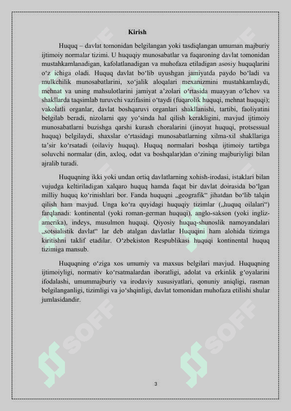 “HUQUQNING KELIB CHIQISH NAZARIYALARI, ULARNING HUQUQIY TUSHUNISHDAGI AHAMIYATI ”  mavzusida tayyorlagan KURS ISHI 3