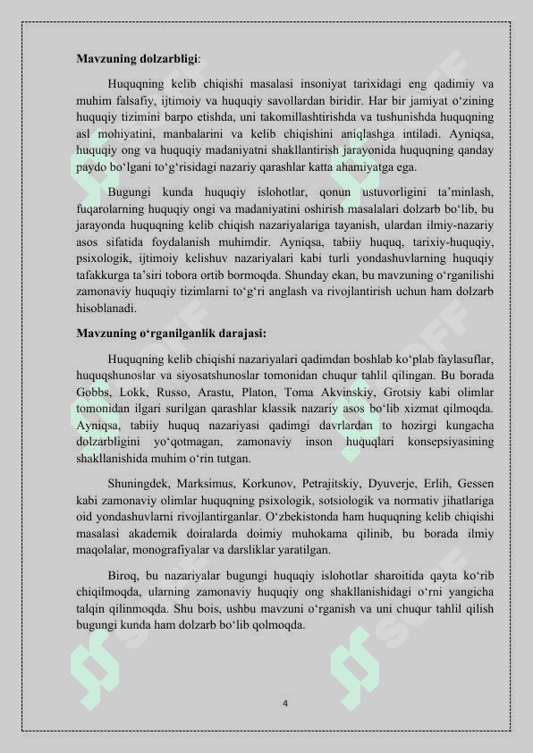 “HUQUQNING KELIB CHIQISH NAZARIYALARI, ULARNING HUQUQIY TUSHUNISHDAGI AHAMIYATI ”  mavzusida tayyorlagan KURS ISHI 4