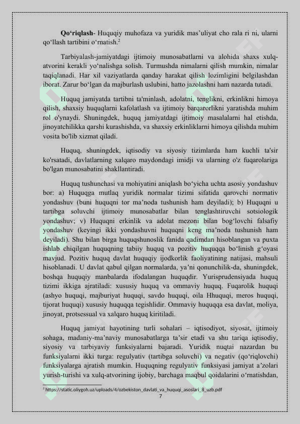 “HUQUQNING KELIB CHIQISH NAZARIYALARI, ULARNING HUQUQIY TUSHUNISHDAGI AHAMIYATI ”  mavzusida tayyorlagan KURS ISHI 7