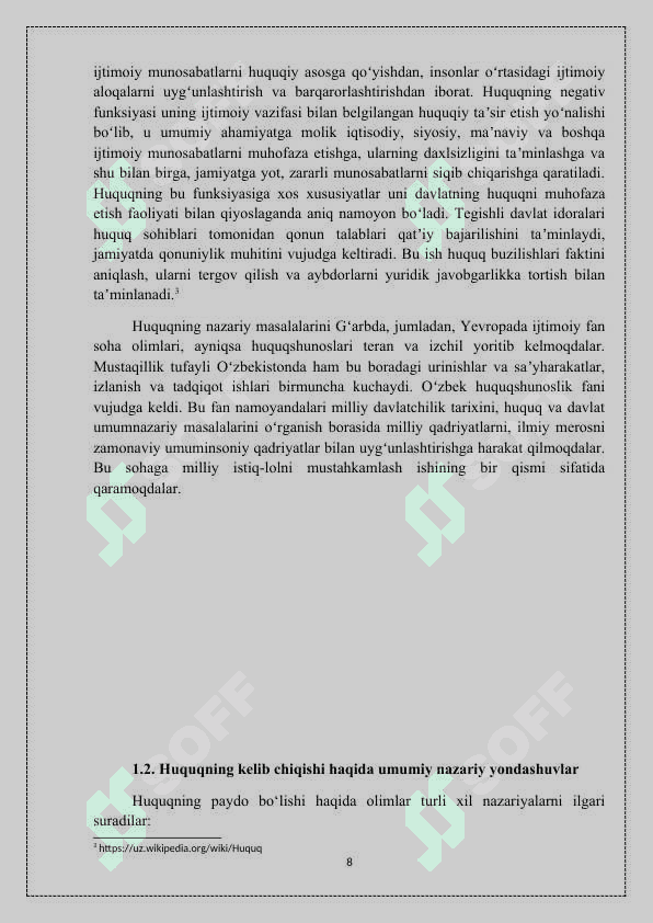 “HUQUQNING KELIB CHIQISH NAZARIYALARI, ULARNING HUQUQIY TUSHUNISHDAGI AHAMIYATI ”  mavzusida tayyorlagan KURS ISHI 8