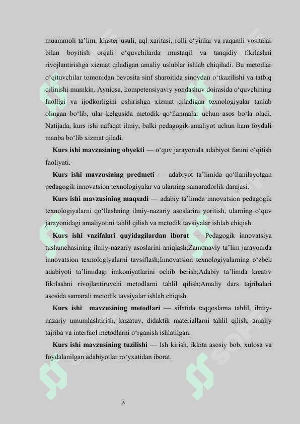 Pedagogik innovatsion texnologiyalar va adabiy ta'lim kurs ishi 6