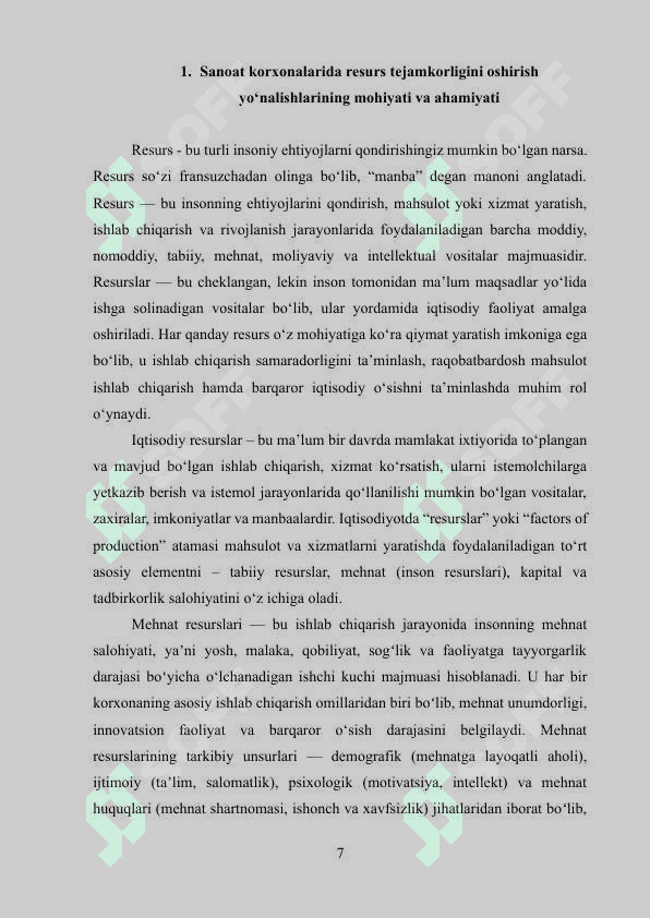 Sanoat korxonalari iqtisodiy rivojlanishning samaradorligini ta’minlashda resurs tejamkorligi va uni amalga oshirish yo‘nalishlari 7